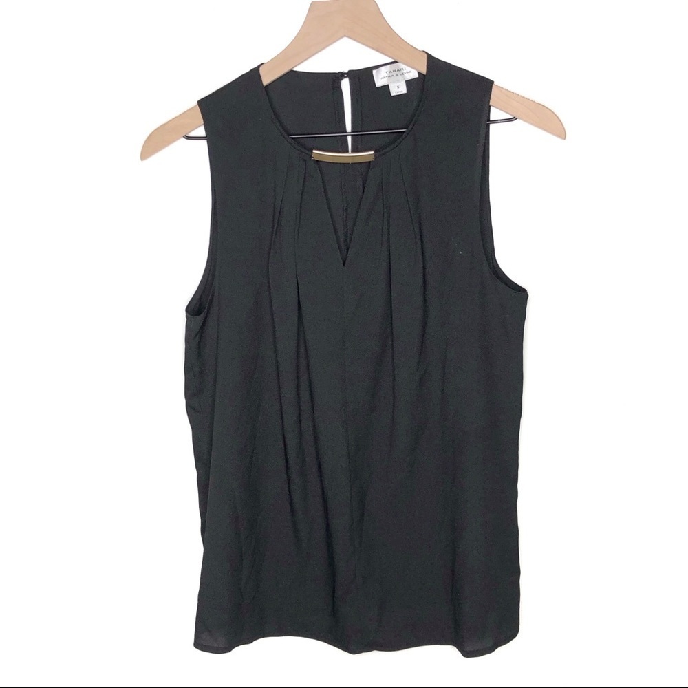 Black Sleeveless Blouse Small Workwear Office Minimalist Career Top Gold Detail